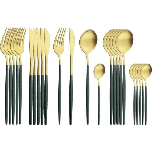 24Pcs Gold Matte Cutlery Set Stainless Steel Dinnerware Set Silver Knife Fork Spoon SilverwareTableware Set Kitchen Flatware