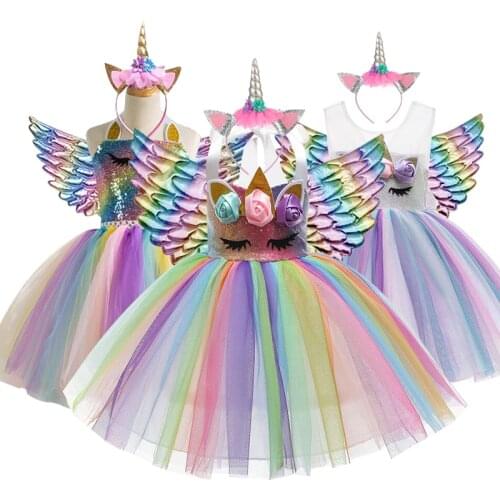 3-10y Baby Girl Unicorn Dress Dream Sequin Kids Christmas Party Dress Girl Formal Prom Girls Princess Dress + headdress 3pcs