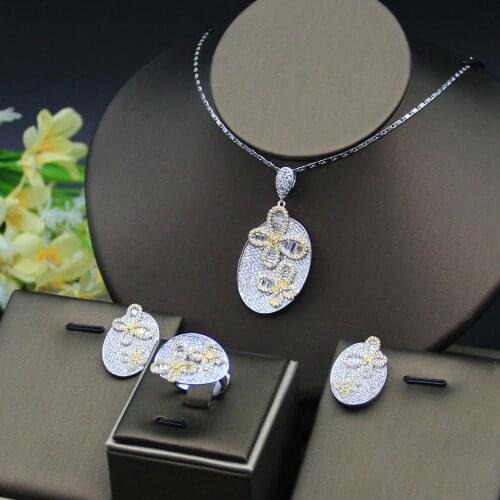 Luxury Water Drop Cubic Zircon Nigerian Necklace Earring Ring Jewelry Sets For Women Wedding Indian Dubai Bridal Jewelry Sets