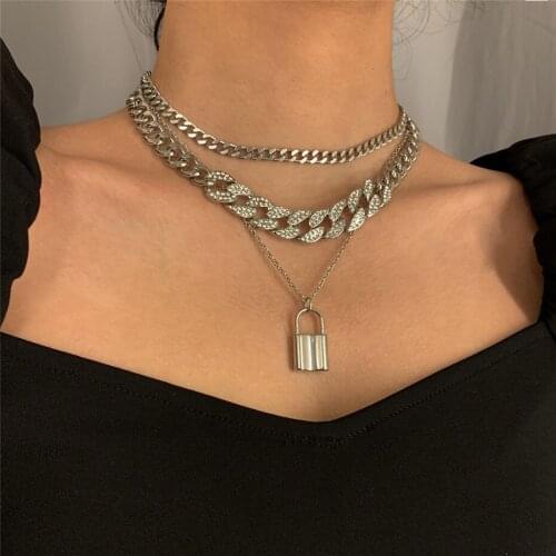 Luxury Fashion Statment Big lock Pendant Necklace Rhinestone Chain for Women Bling Tennis Chain Crystal Choker Necklace Jewelry