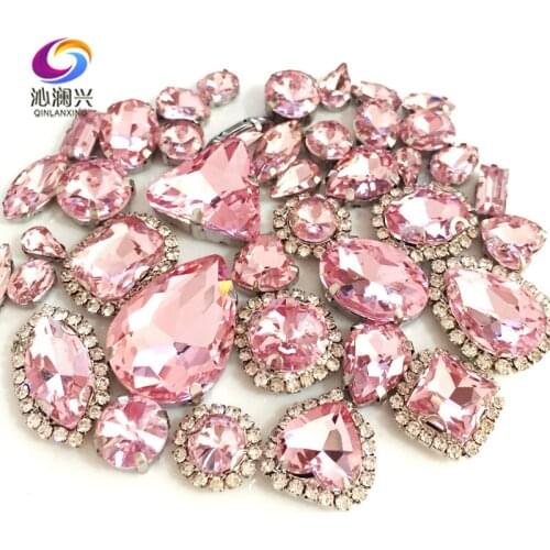 Pink color Mix size Crystal buckle+claw rhinestone,Silver base galss sew on stones diy/Clothing accessories 50pcs/pack