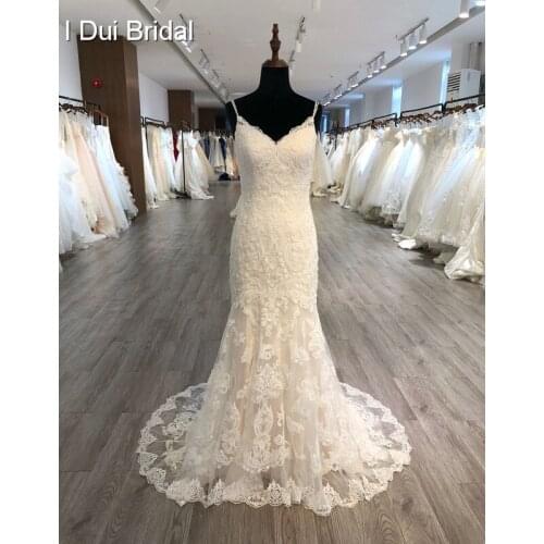 Spaghetti Strap Detachable Tulle Skirt Wedding Dress Lace Appliqued Bridal Gown