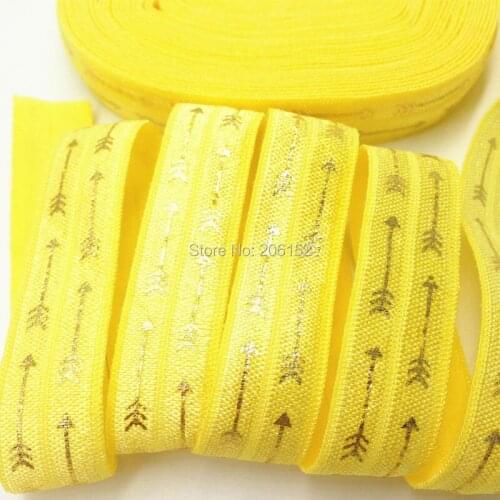 10Y/lot High Quality Gold Foil Arrow Print FOE 5/8" Yellow Arrows Fold Over Elastic Ribbon for DIY Headwear Hair Accessories