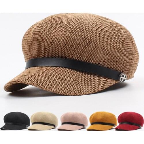 Octagonal Cap Straw Women Summer Thin Newsboy Cap Painter Adjustable Rope Knitted Beret Mesh Breathable Boinas