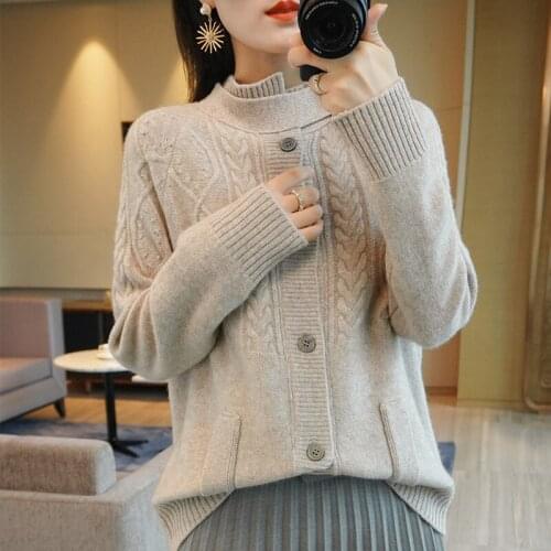 Womens jacket cashmere jacket solid color casual high-neck cardigan women Korean wool long-sleeved large size loose jacket