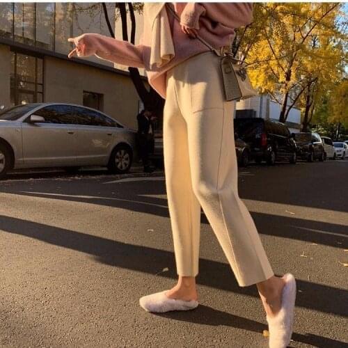 Women 2021 Autumn Winter New Solid Color Knitted Pants Female High Waist Casual Trousers Ladies Thickened Straight Pants U545