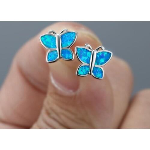 Blaike Cute 925 Sterling Silver Butterfly Stud Earrings For Women Blue/White Fire Opal Earring Wedding Party Jewelry Gifts