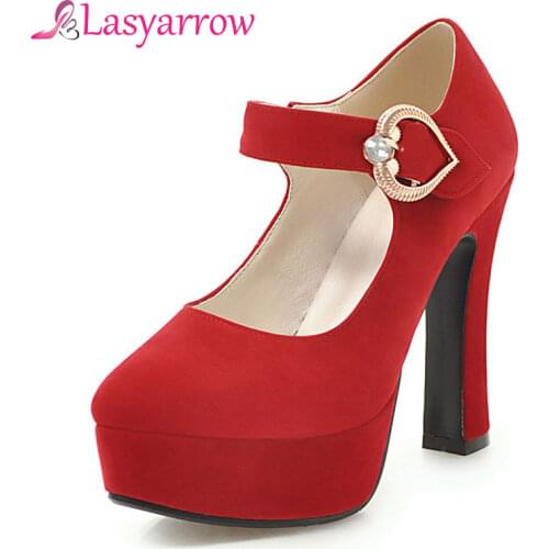 Lasyarrow Sexy Ankle Strap Femeninas High heels Autumn Flock Round toe High heels Female Platform Summer Shoes Women Pumps J656