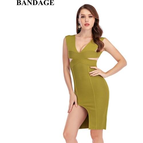 Hot Sale Sexy Backless Bandage Dress Red Olive White Deep V Neck Sheath Split Dresses Celebrity Party Club Sleeveless Vestido