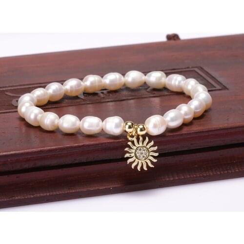 2020 Hot Sale Sun Flower Rainbow CZ Various Shape Accessory Pendant Natural Freshwater Pearl Unisex Charms Bracelet For Gift