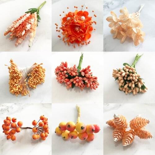 6/10/12/20/200pcs Mixed Orange Flower Cherry Stamen Berries Bundle DIY Christmas Wedding Cake Gift Box Wreaths Decor