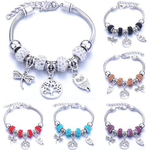 Dragonfly owl life Tree shape Bracelet Jewelry 6 Colors Lobster Buckle Snake Chain Bangles Beaded Bracelet Fit Jewelry