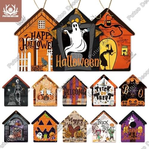 Putuo Decor 2022Happy Halloween Small House Wooden Sign Jack Lanterns Wood Hanging Sign Ghost Witch Home Living Room Wall Decor