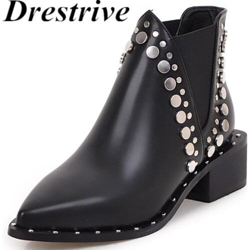 Drestrive Women Ankle Boots PU Leather Pointed Toe Rivet Thick Low Heels 2021 Fashion Winter Shoes Black Size 41