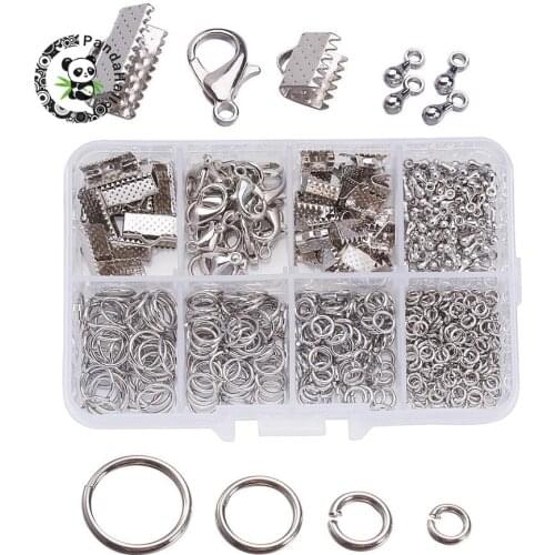 1 Box Jewelry Findings, 20PCS Alloy Lobster Claw Clasp+45PCS Iron Ribbon Ends+40g Brass Jump Rings+10g Alloy Drop End Pieces