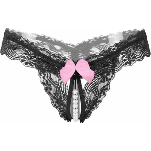 Hot Women Sexy Open Crotch Thongs Panties Females Crotchless Pearl Lace Thongs Lingerie G-String Nightwear Underwear