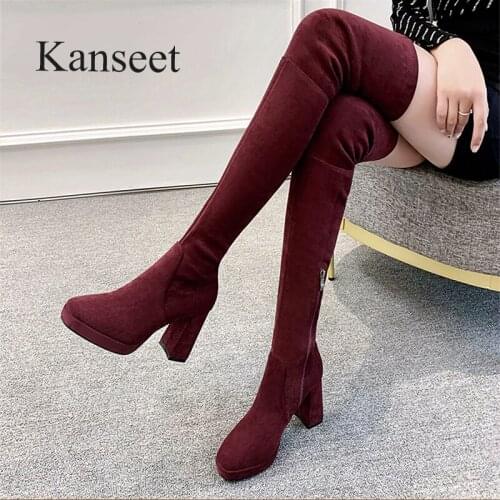 Kanseet Fashion 2021 New Autumn Winter Over The Knee Boots Sexy Square Toe Thick High Heel Shoes Black Slim Stretch Long Boots