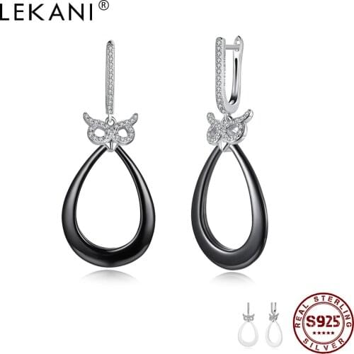 LEKANI 925 Sterling Silver Cute Owl Cubic Zirconia Drop Earrings For Women Water Drop Ceramics Earring Dangle Silver Jewelry