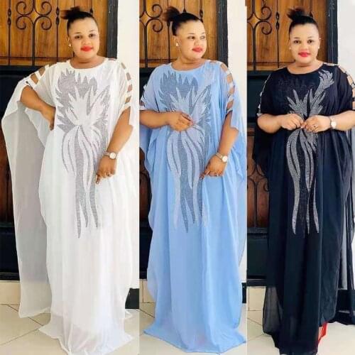 Diamonds African Chiffon Dress Moroccan Boubou Marocain Femme Dubai Turkish Kaftan Robe Plus Size Arabic Evening Gowns Attire