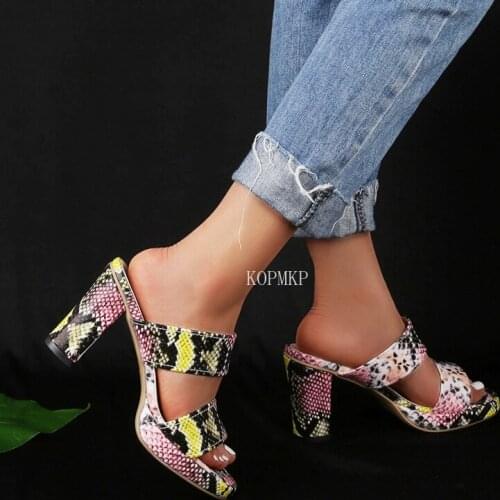 Round Toe Summer Mules Slippers Women New Pu Leather High Heels Gladiator Sandals Slides Shoes Snake Print Kopmkp Zapato Mujer