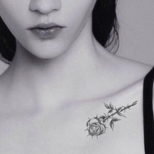 Rose Flower Temporary Tattoos for Women Sexy Black Wire Knot Fake Tattoo Sticker Leaves Waterproof Tatoo Body Art Chest Neck Arm
