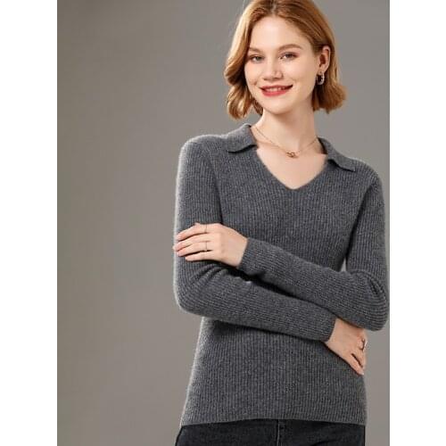 Womens pullover 2021 fall/winter new 100% wool sweater Slim solid color cashmere sweater POLO collar knitwear ladies top hot