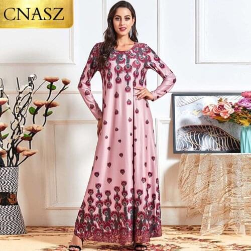 New Womens Fashion Comfortable Floral Print Long Sleeve Pleated Long Skirt Arab Robe Dresses For Women 2021 Vestido De Mujer