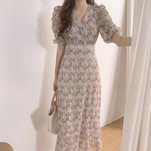 2021summer Korean style elegant dress floral print vintage print high waist V-neck short sleeve casual fashion ankle-length dres