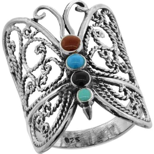 Vintage Silver Plated Hollow Butterfly Rings for Women Turquoises Statement Finger Ring Classic Design Boho Party Jewelry Gifts
