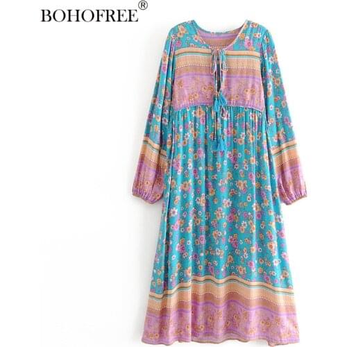 Summer Women Casual Rayon Cotton Dress Lady Bohemian Style Floral printed Full Lantern Sleeves O-neck Tassel Long Dress Vestido