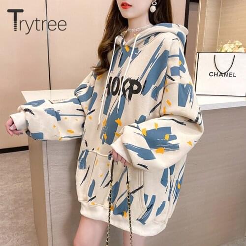 Trytree 2020 Winter Casual Womens Hoodies Fleece Liner Drop-shoulder Pockets Cotton Blend Streetwear Printed Tops for Women