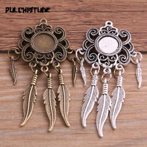 2pcs 10mm Alloy Two Color Vintage Tree Leaf Feather Wings Fame Style Round Cabochon Necklace Pendant For Diy Make
