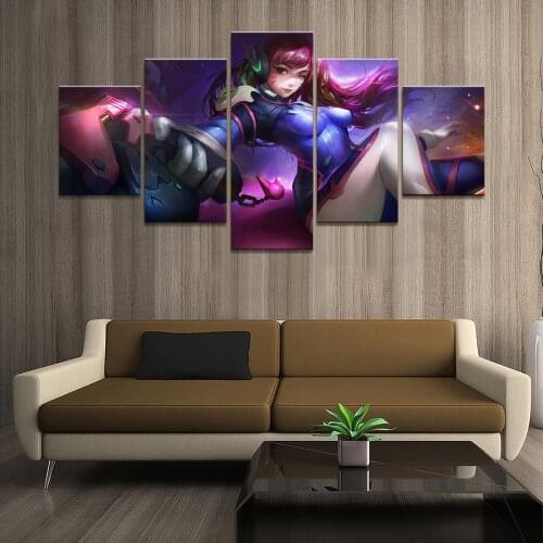 Overwatch D.VA Wall Art 5 Panel Canvas Painting Picture Cuadros Wall Decor Game Canvas Print Poster Home Decor Artwork Painting