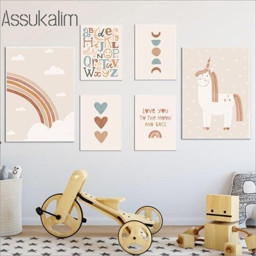Unicorn Painting Rainbow Wall Art Print Nursery Canvas Poster Alphabet Posters Boho Wall Pictures For Kids Bedroom Decoration