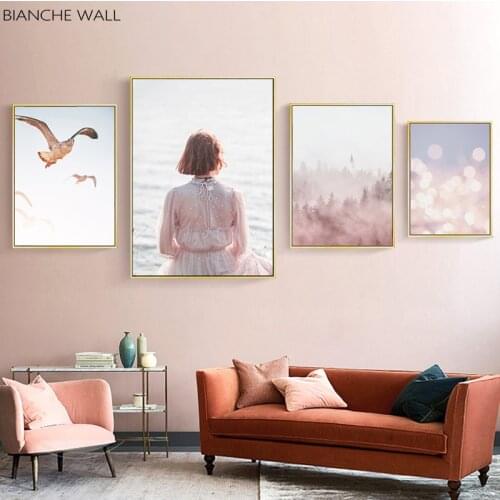 Pink Flower Flash Woman Seagull Canvas Painting Poster and Print Scandinavian Landscape Decoration Wall Picture for Living Room