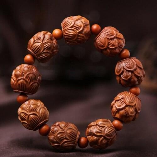 Chinese Wood Carving Sculpture Lotus Buddha Prayer Beads Bracelet