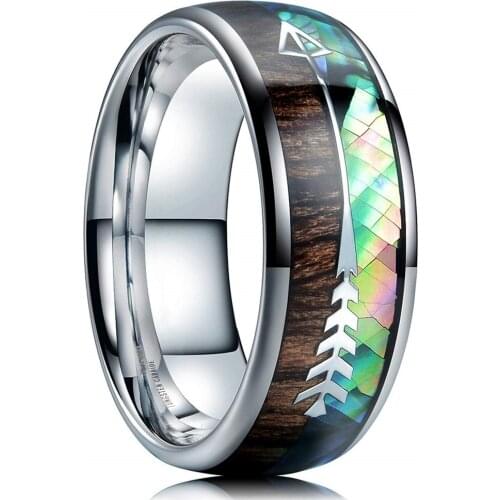 2021 New Arrival Men Rings Simple Tungsten Carbide Ring Inlay Abalone Shell Wood Arrow Wedding Bands For Men Jewelry
