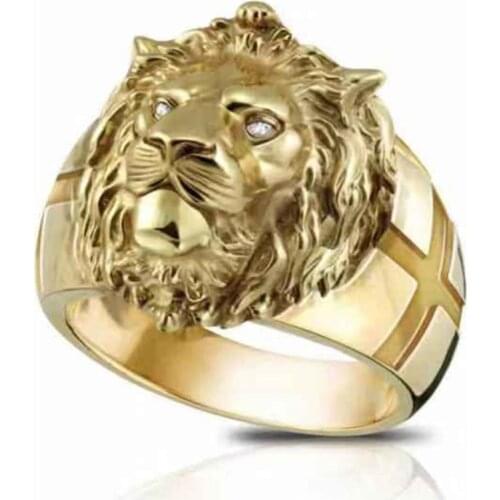 Vintage Personality Punk Rings for Men Rights Lion King Gold Color Alloy Finger Ring White Zircon Eyes Pattern Gift for Male