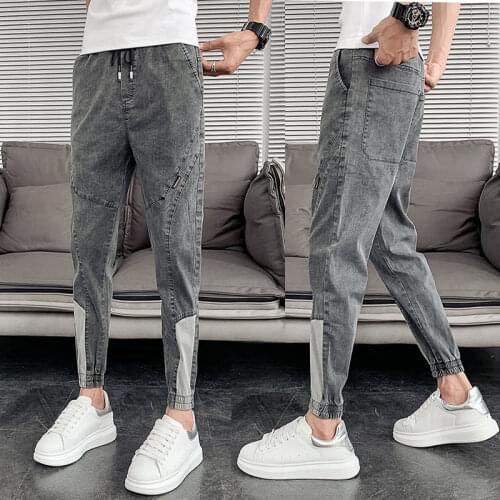 Handsome 2021 Fashion mens trousers ankle length pants slim thin jeans trendy brand spirit guy elastic Korean grey casual pants