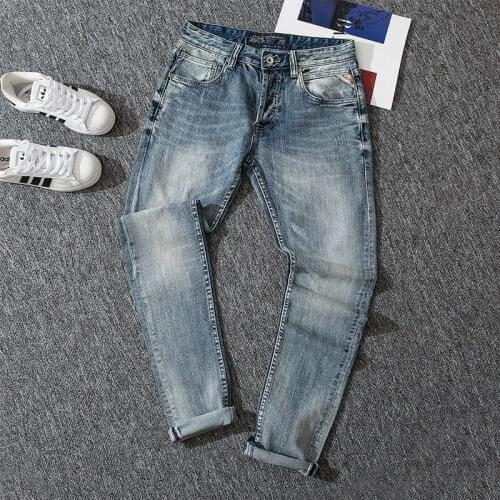 Italian Fashion Men Jeans Retro Light Gray Blue Elastic Slim Fit Ripped Jeans Men Vintage Designer Classical Buttons Denim Pants