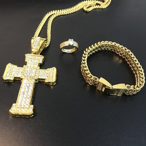 Hip Hop Men Gold Color Necklace Ice Out Cuban Crystal Miami Chain Men Cross Necklace Jewerly Combo Set Hip Hop Necklace