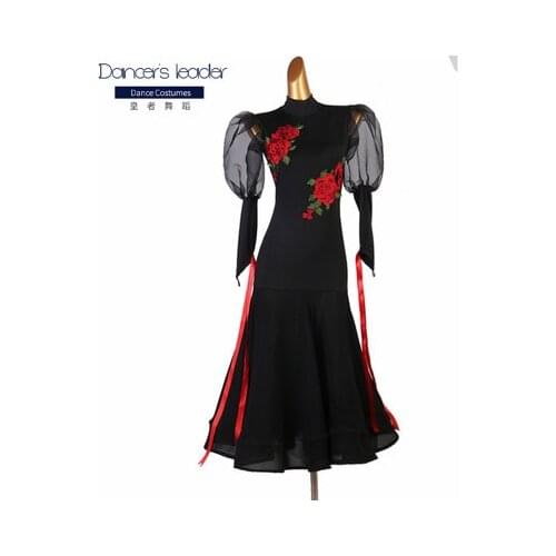 2020 New Ballroom Dance Dresses Long Sleeve foxtrot embroidery black white Women Stage Waltz Ballroom Dress