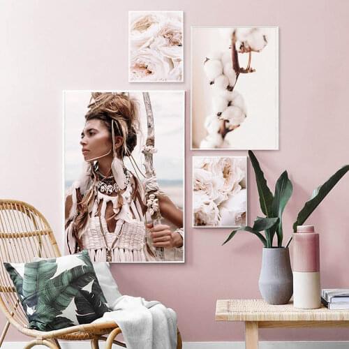 Blush Beige Roses Feather Hunter Girl Wal Art Canvas Painting Posters And Prints Bohemia Style Decor Pictures For Living Room