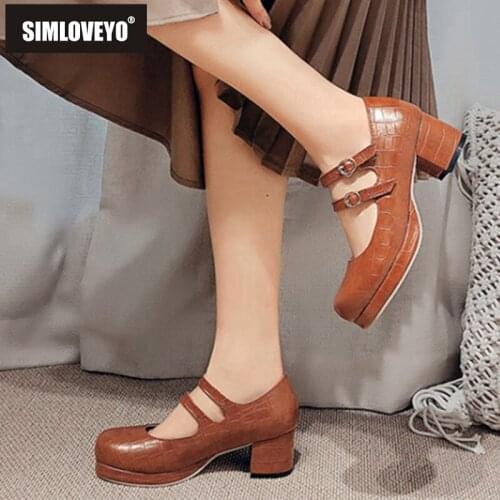 SIMLOVEYO New 2021 Pumps Round Toe 5cm Block Heels Mary Jane Stylish Buckle Classic Simple Soft Comfort Big Size 43 Casual B2372