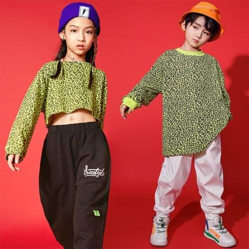 Girls Hip Hop Sweatshirt Boys Jogger Pants 2 Pcs Set Kids Streetwear Leopard Crop Top Child Outfits Jazz Dance Costume Clothing