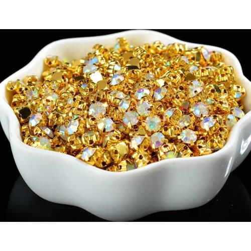 Ss12/16/18/20/25/30/35/40/50 Golden AB Crystal Sew on 4 Claws Rhinestone Sewing Strass Cup Base For Appliques Craft Dress Making