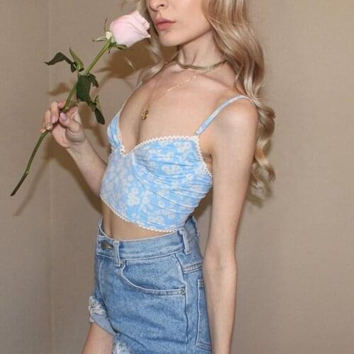 Women’s Sweet Floral Graphic Camisole Summer Sexy Lace V-neck Exposed Navel Female Top