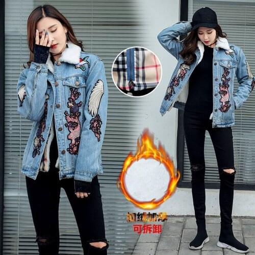 Outerwear Womens Denim Jacket 2018 New Light Blue Winter Jacket Women Crane Birds Embroidery Warm Jeans Jacket Female Basic Coat
