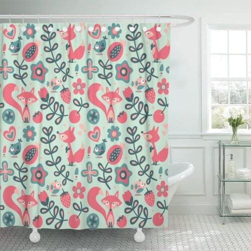 Floral Animal Pattern Made Flower Fox Bird Cherry Cute Shower Curtain Waterproof 60 x 72 Inches Set with Hooks