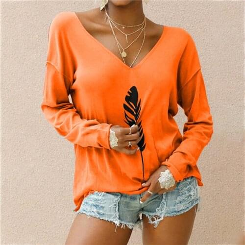 2020 Women Harajuku T-Shirt New Fashion Feather Print Loose V-Neck Long Sleeve Casual Elastic Stretched Autumn Home Tee Shirt